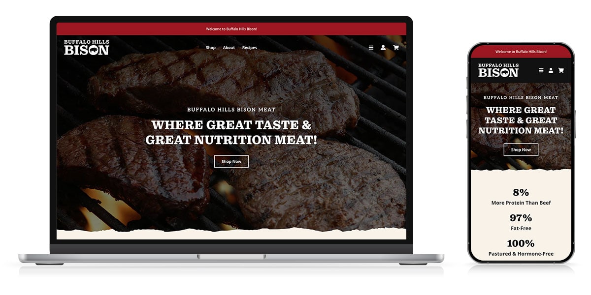 buffalo hills bison meat website on laptop and smartphone screens, showing meat grilling images
